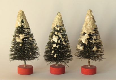 Pair of vintage Christmas Putz bottle brush trees.