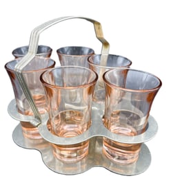 ANTIQUE PINK DEPRESSION SHOT GLASSES W CADDY