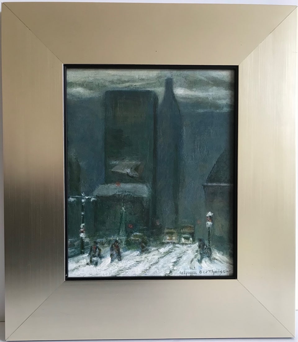 New York Street Scene by Johannes Berthelsen : Pleasant NYC street snow scene by Berthelsen (1883-1972), who was born in Copenhagen and moved to the United States in 1890. He was active in New York City in the 1950s/60s which is when we would date