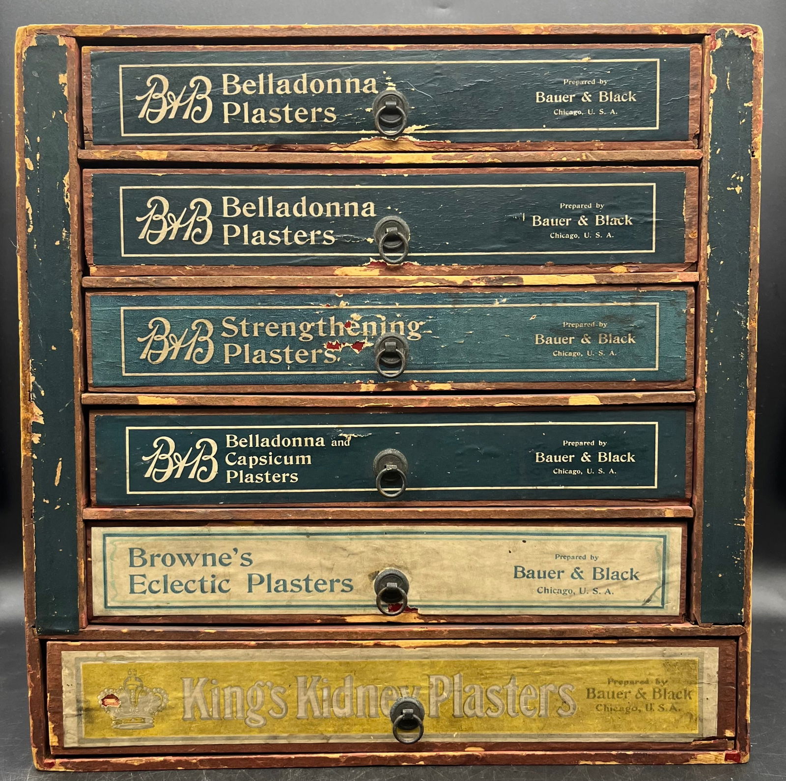 RARE ANTIQUE 1890S MEDICAL Pharmacy CABINET BELLADONNA PLASTERS Bauer & Black Chicago (1 of 8)