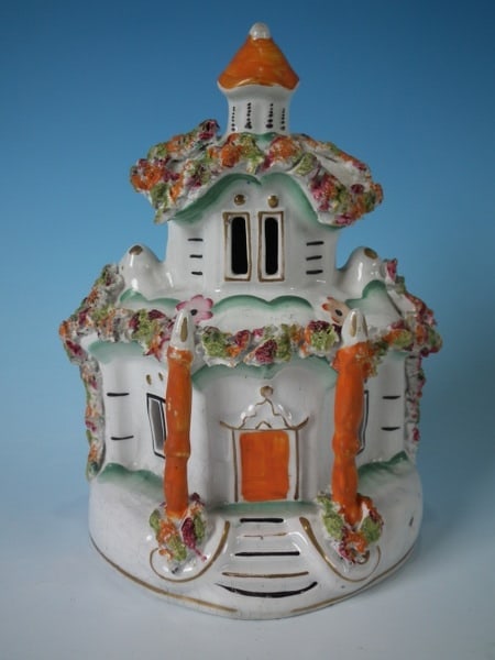 Victorian Staffordshire pottery two storey cottage: Staffordshire cottage which features pierced windows and a turret. Dull gilt embellishment. PERIOD: Victorian, circa 1840. DIMENSIONS: 7.5ins high, 5.9ins wide, 4.3ins depth. CONDITION REPORT:Generall