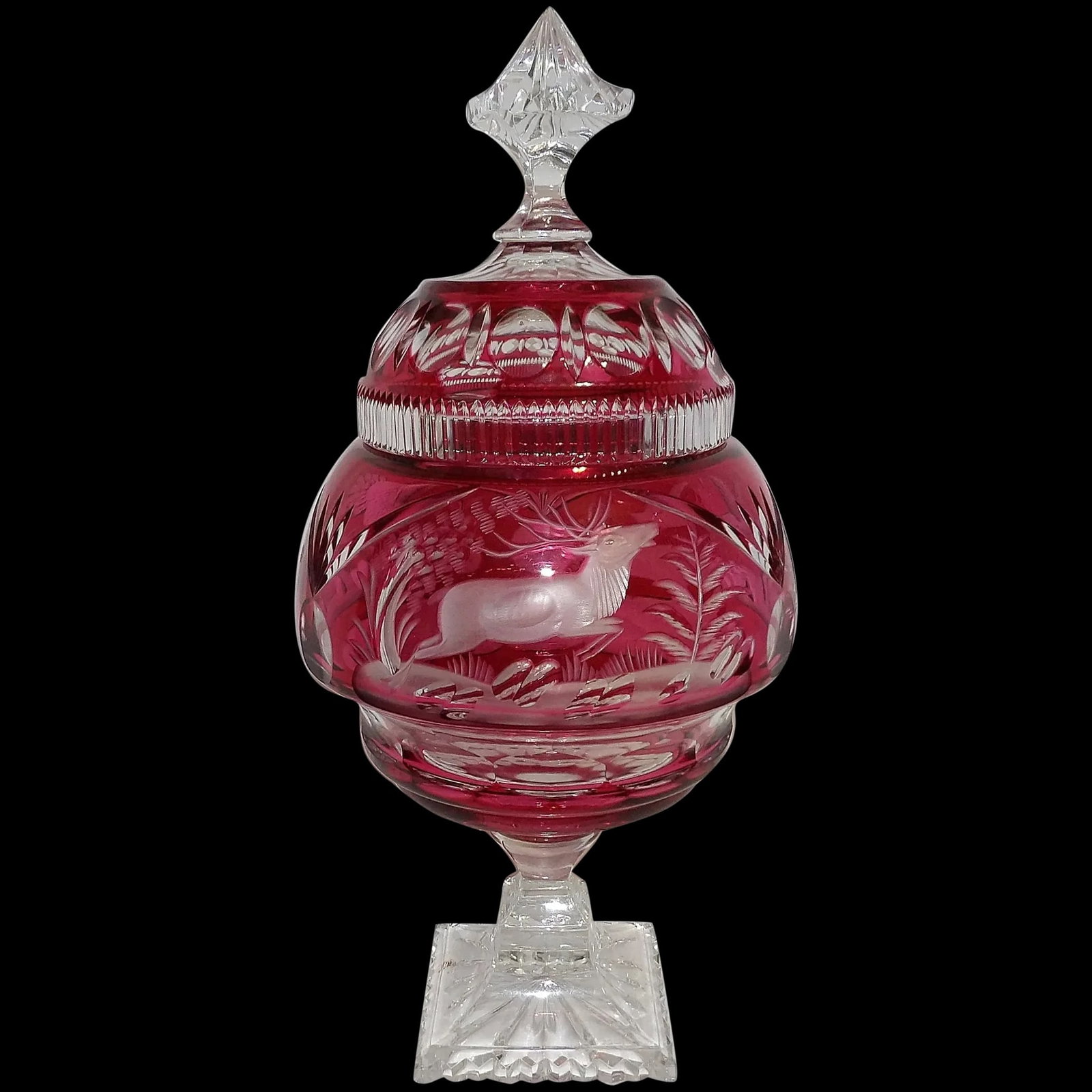 Imperlux Genuine Lead Crystal Cranberry Cut to Clear Candy Urn or Dish (1 of 15)