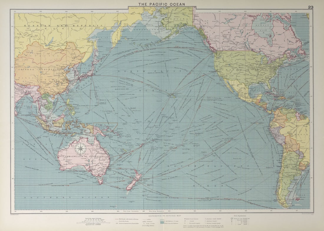 Pacific Ocean sea chart. Ports lighthouses mail routes dockyards LARGE 1927 map: TITLE/CONTENT OF MAP: 'The Pacific Ocean' DATE PRINTED: 1927 IMAGE SIZE: Approx 49.0 x 69.0cm, 19.25 x 27.25 inches (Large); Please note that this is a folding map. TYPE: Antique colour maritime map c