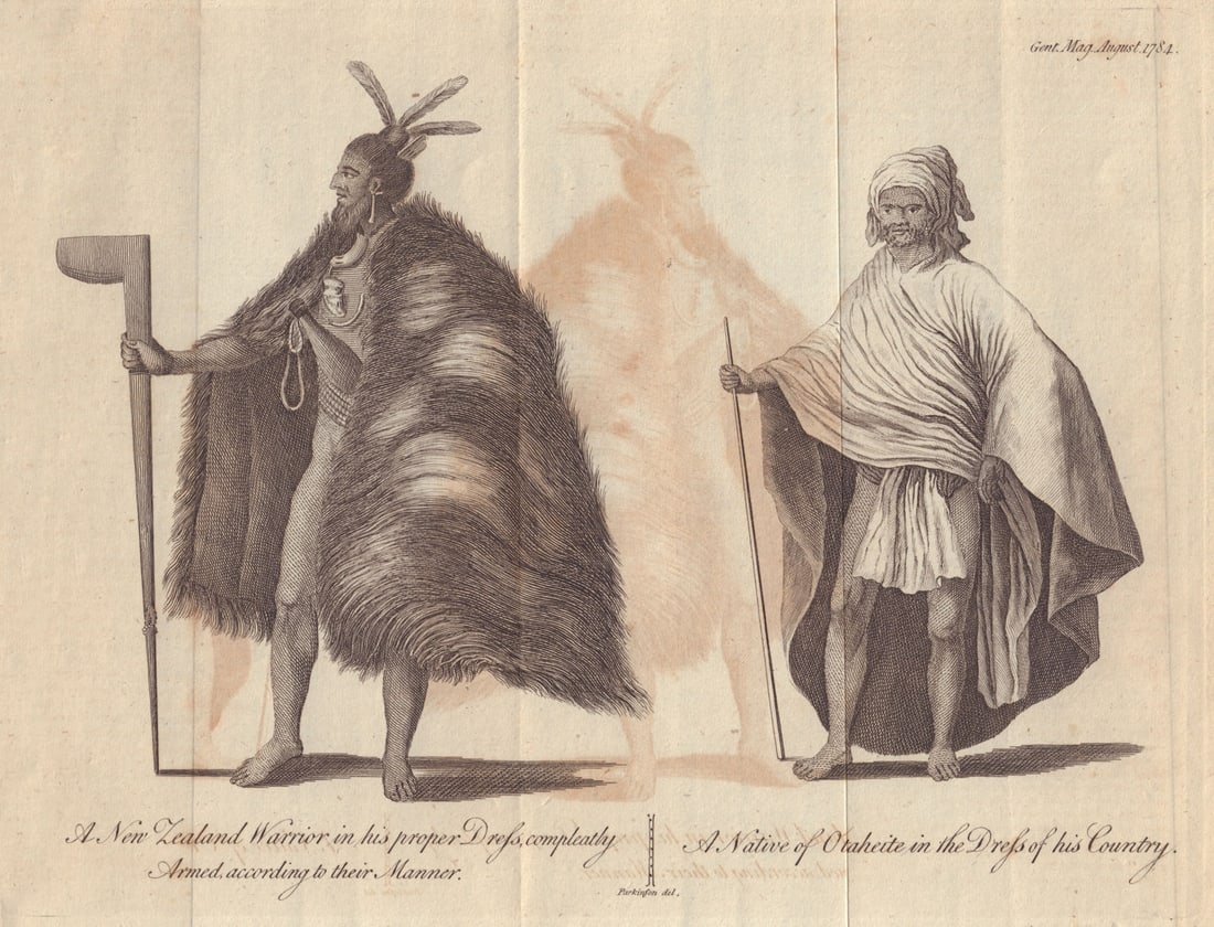 New Zealand Warrior. A Native of Otaheite. Tahiti. Maori. GENTS MAG 1784 print: CAPTION PRINTED BELOW PICTURE: 'A New Zealand Warrior in his proper dress completely, armed according to their manner. A Native of Otaheite in the Dress of his country' DATE PRINTED: 1784 IMAGE SIZE: 