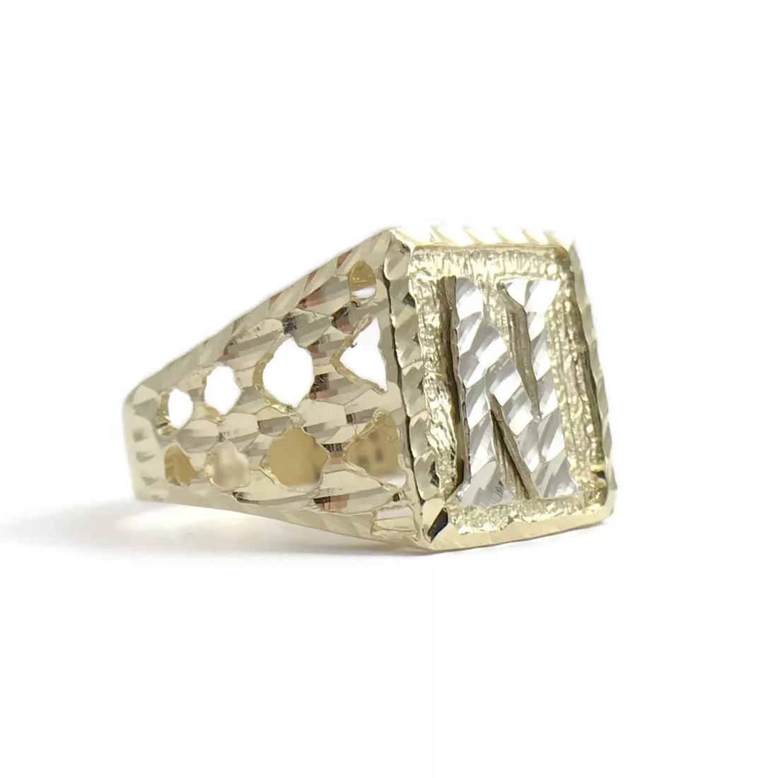 Men's Letter N Initial Two-Tone Signet Flat Top Ring 14K Yellow Gold, 4.07 Grams (1 of 12)