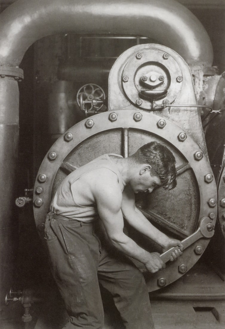 LEWIS HINE - Steam Fitter, 1920: Artist: Lewis Hine Title: Steam Fitter, 1920 Medium: Photo Litho, 1999, Dubai Dimensions: 5.3x7.75" Description: Heat Wax Mounted on 8.5x11" Conservation Board Artist Bio: Lewis Wickes Hine (1874 - 19