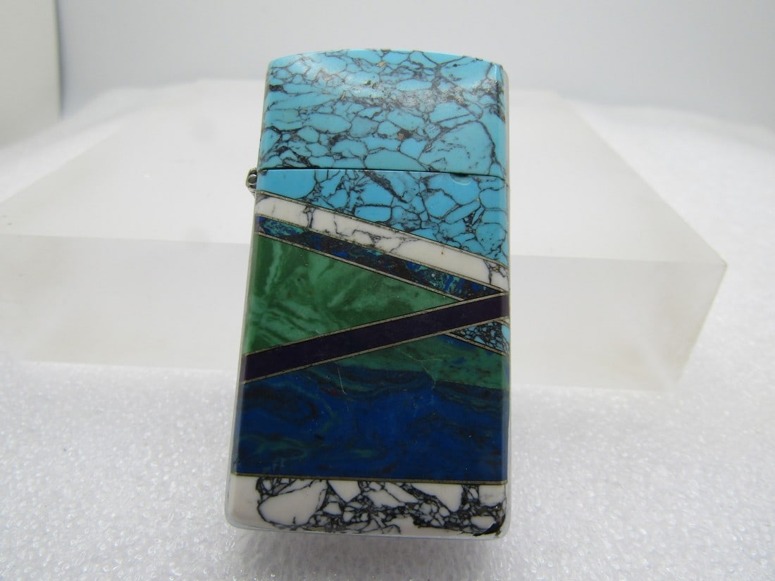 Vintage Zippo Southwestern Cigarette Lighter, Turquoise Mixed Stone, 1980's-1990's: Vintage Zippo Southwestern Cigarette Lighter, Turquoise Mixed Stone, 1980's-1990's. Inlaid design with turquoise on the lid and top with white turquoise/howlite inlaid at the bottom and in a diagonal 