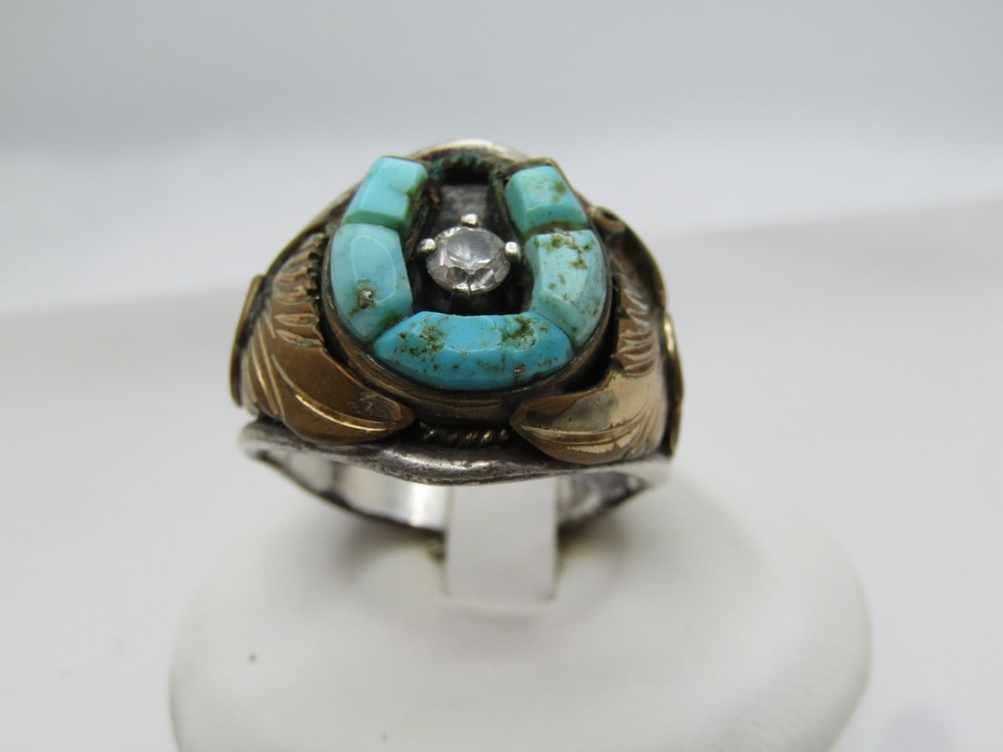 Vintage Sterling Navajo Turquoise Horseshoe Ring, Signed S. Ray, Sz. 11.5 with CZ. 1980's (1 of 8)