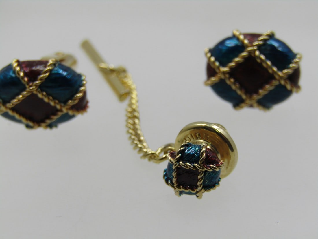 Sterling Enameled Blue & Red Cufflink & Tie Tack Set, Christian Dior Signed (1 of 7)
