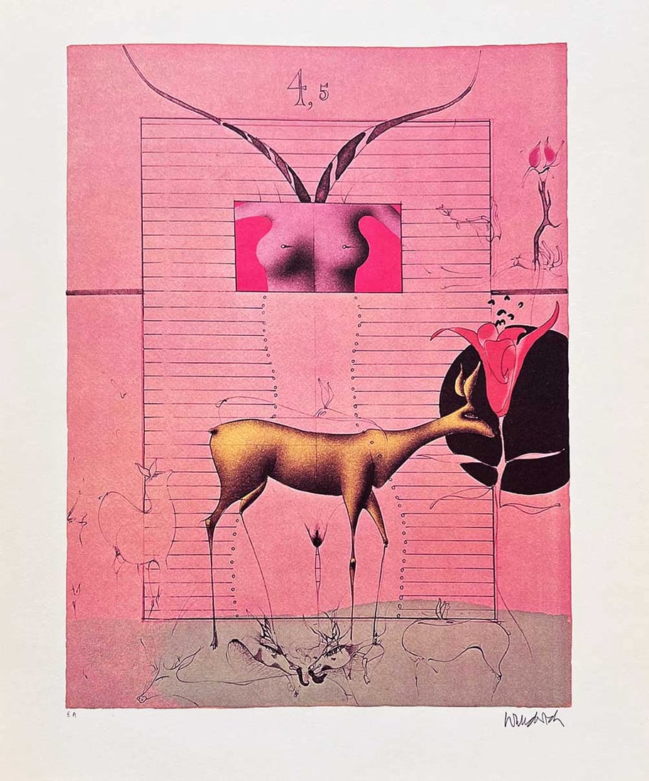 Paul Wunderlich 34 Comme Deux Jeunes Faons: Paul Wunderlich Country: Germany Title: Comme Deux Jeunes Faons - 34 Medium: Photogravure Marks: Signed in plate not numbered Printed: 1974 by Atesa S.A, Geneve Paper: Heavy matte paper size 14 x 11.5