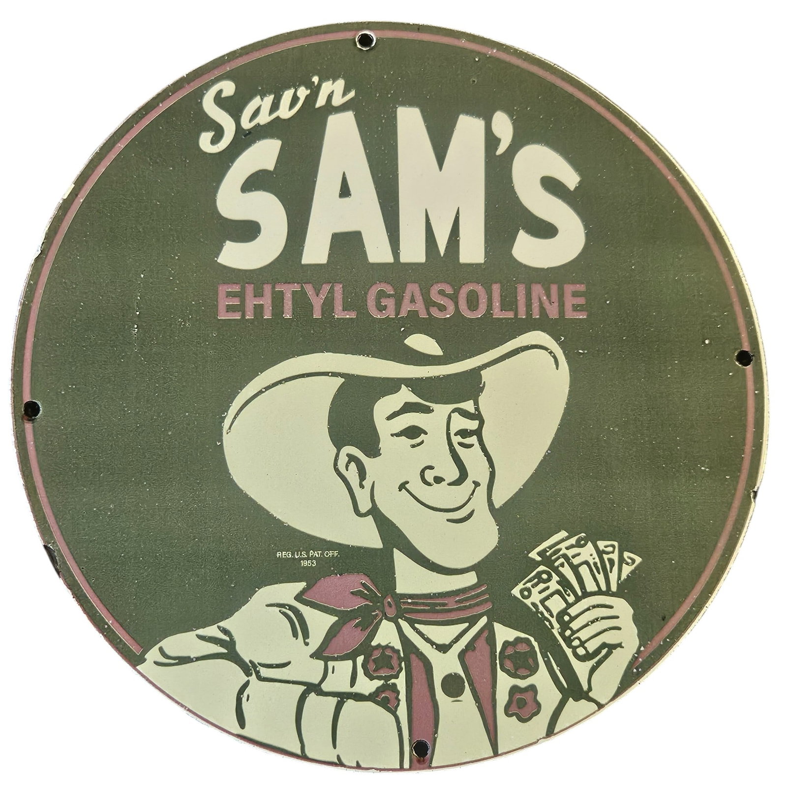 Vintage Sam's Gasoline Porcelain Sign Collectible Ethyl Gasoline Advertising Decor: Discover an exceptional piece of automotive history with this vintage porcelain sign for 'Sam's Ethyl Gasoline.' Produced in 1953, this iconic sign features charming graphics and nostalgic flair, maki