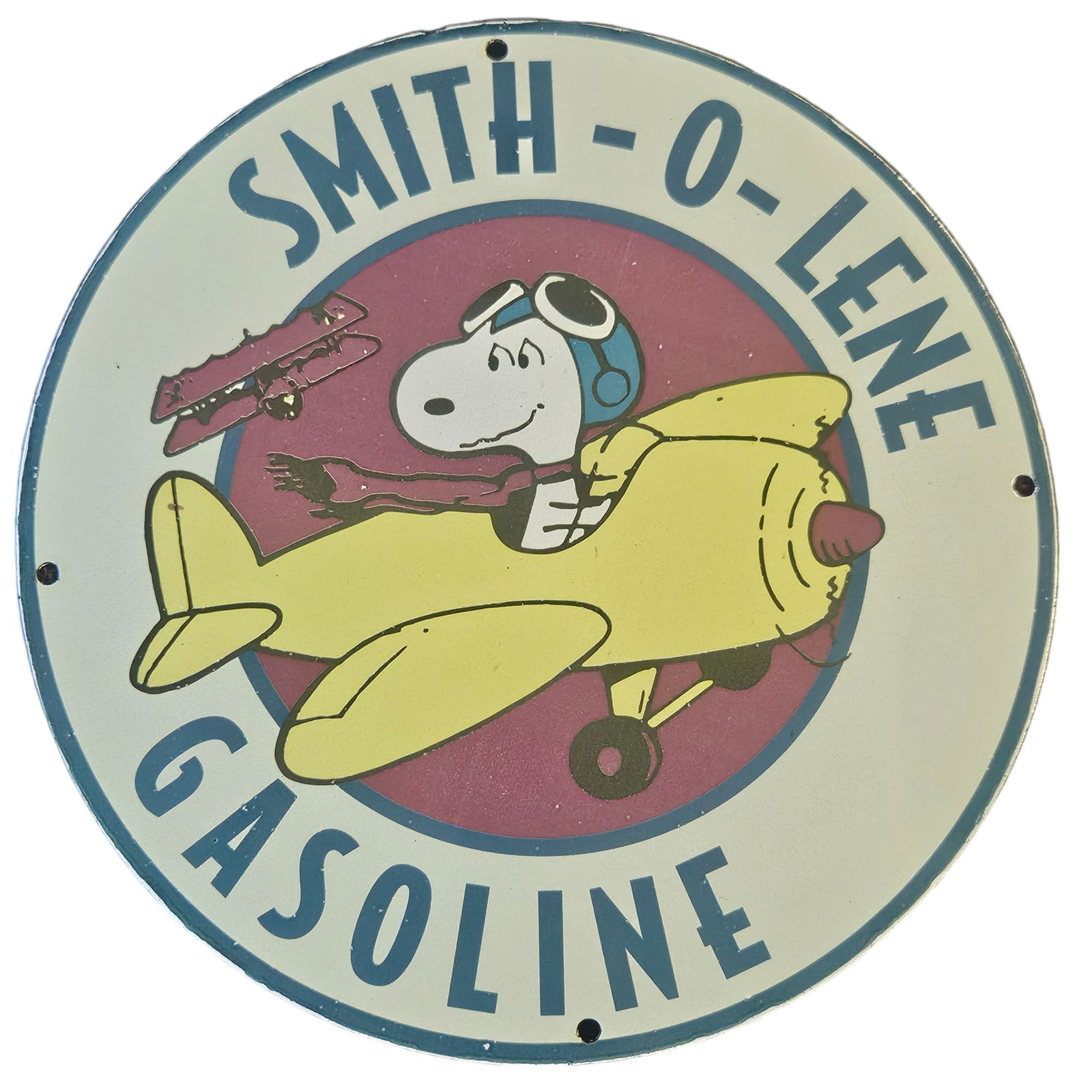 Vintage Smith-O-Lene Gasoline Porcelain Sign Featuring Snoopy in a Plane (1 of 2)