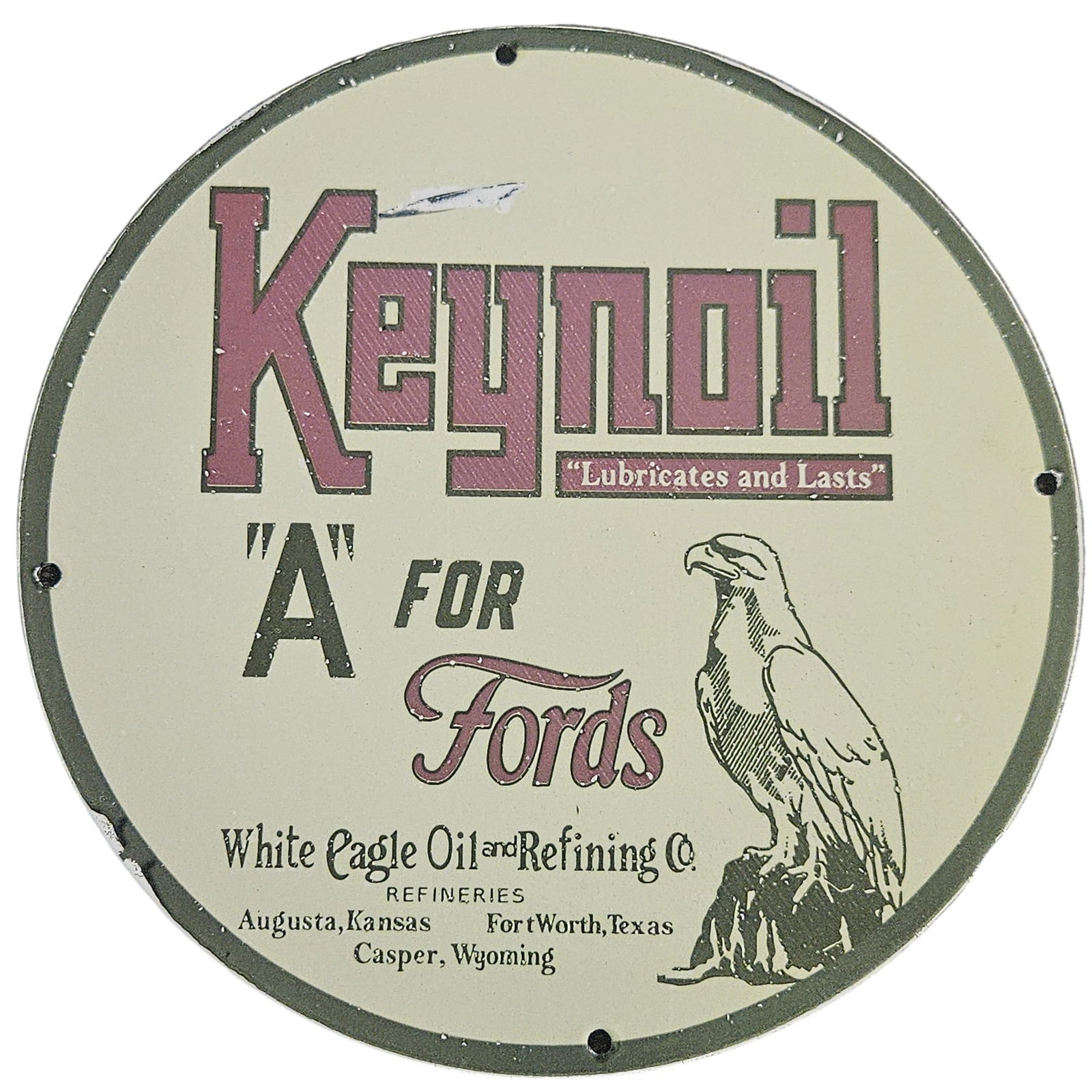 Vintage Keynoil Porcelain Sign - 'A' for Fords by White Eagle Oil & Refining Co. (1 of 2)
