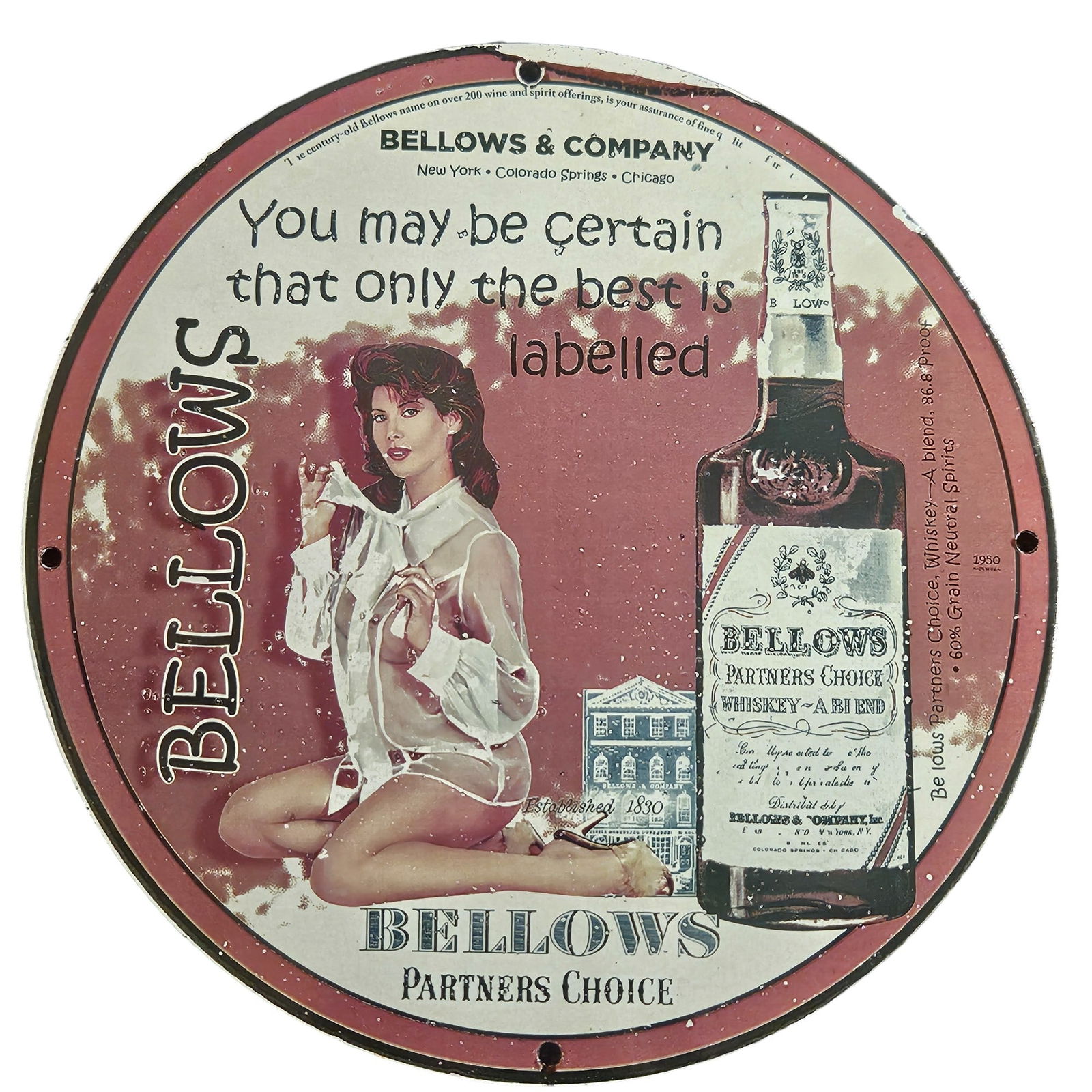 Vintage Bellows Partners Choice Porcelain Sign - An Icon of Distinction and Quality: This exquisite Bellows Partners Choice porcelain sign is not just an advertisement; it's a remarkable piece of decorative art that signifies quality and sophistication in the world of spirits. Showcas