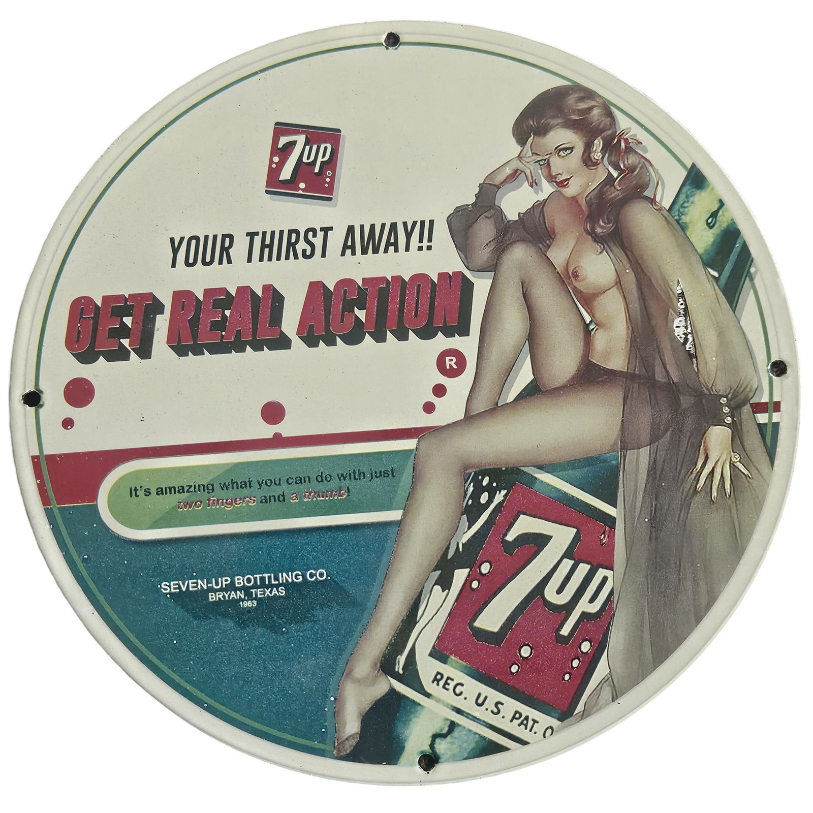 Vintage 7-Up Porcelain Sign - Get Real Action! Collectible Coca-Cola Advertising (1 of 2)
