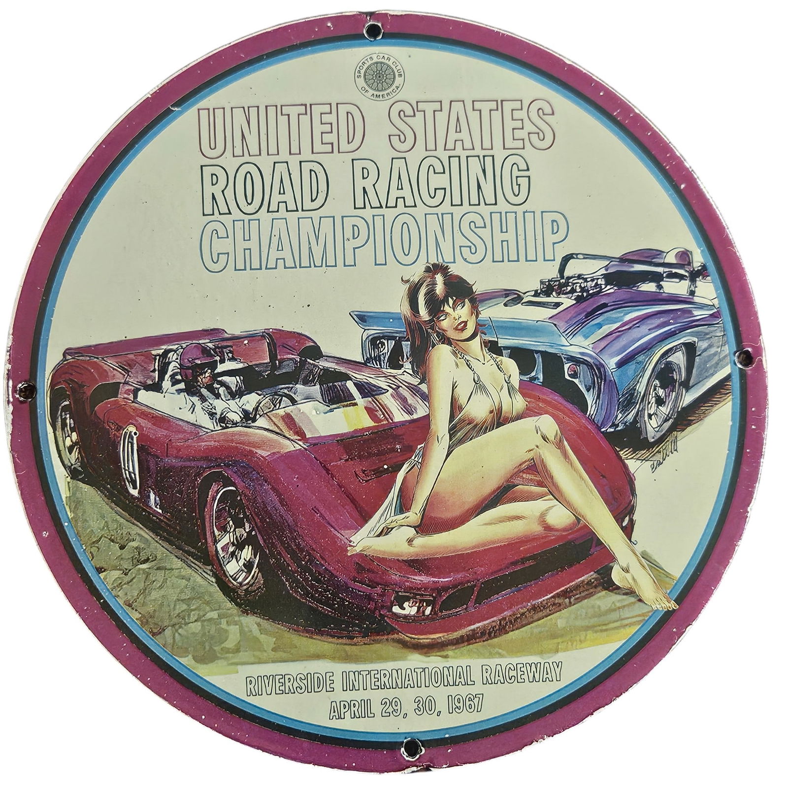Vintage Porcelain Sign: 1967 United States Road Racing Championship with Iconic Artwork (1 of 2)