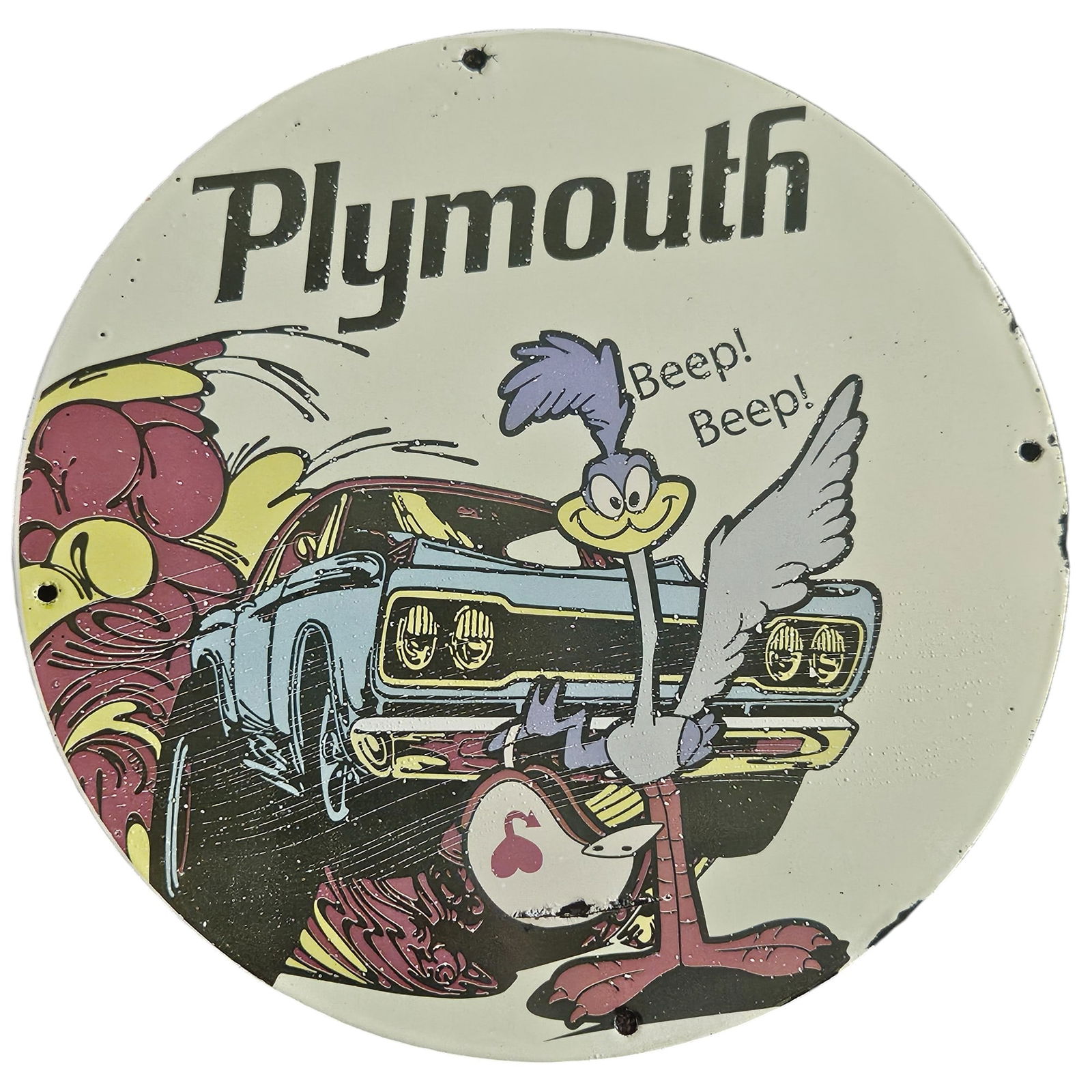 Vintage Plymouth Porcelain Sign Featuring Road Runner - Classic Car Collectible (1 of 2)