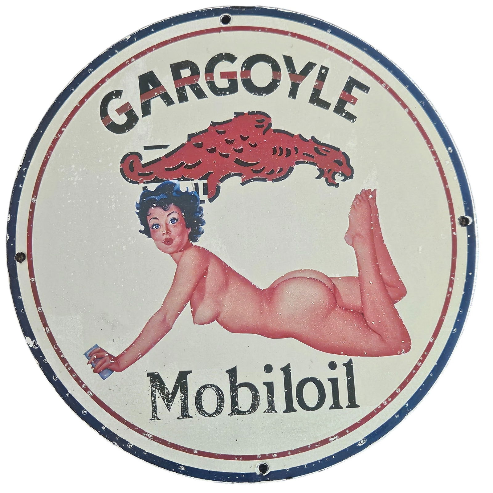 Rare Vintage Gargoyle Mobil Oil Porcelain Sign with Iconic Pin-Up Artwork - Collectible (1 of 2)