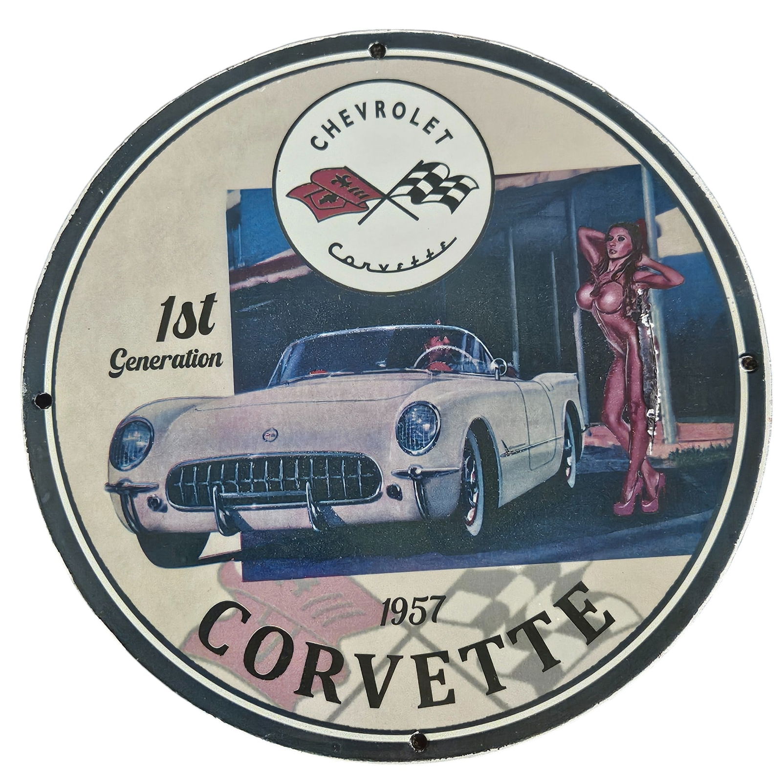 Vintage 1957 Corvette Porcelain Sign 1st Generation Chevrolet Art Collector's Item (1 of 2)