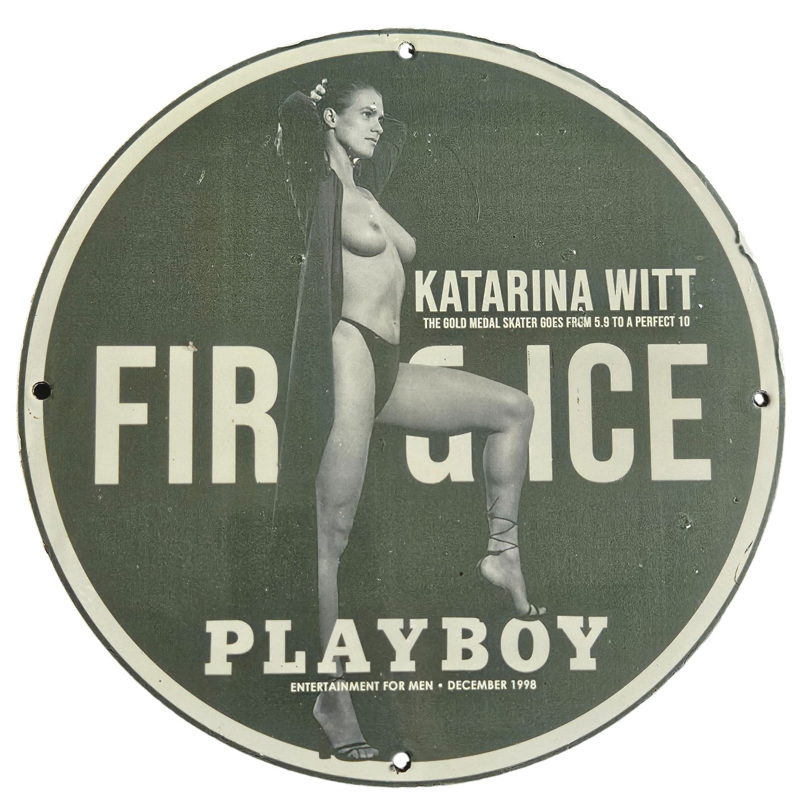 Katarina Witt Playboy Porcelain Sign - Fire & Ice, December 1998 Edition: This exquisite porcelain sign celebrating the iconic gold medalist figure skater Katarina Witt is a must-have collectible for fans of sports memorabilia and Playboy history. Featuring a stunning image