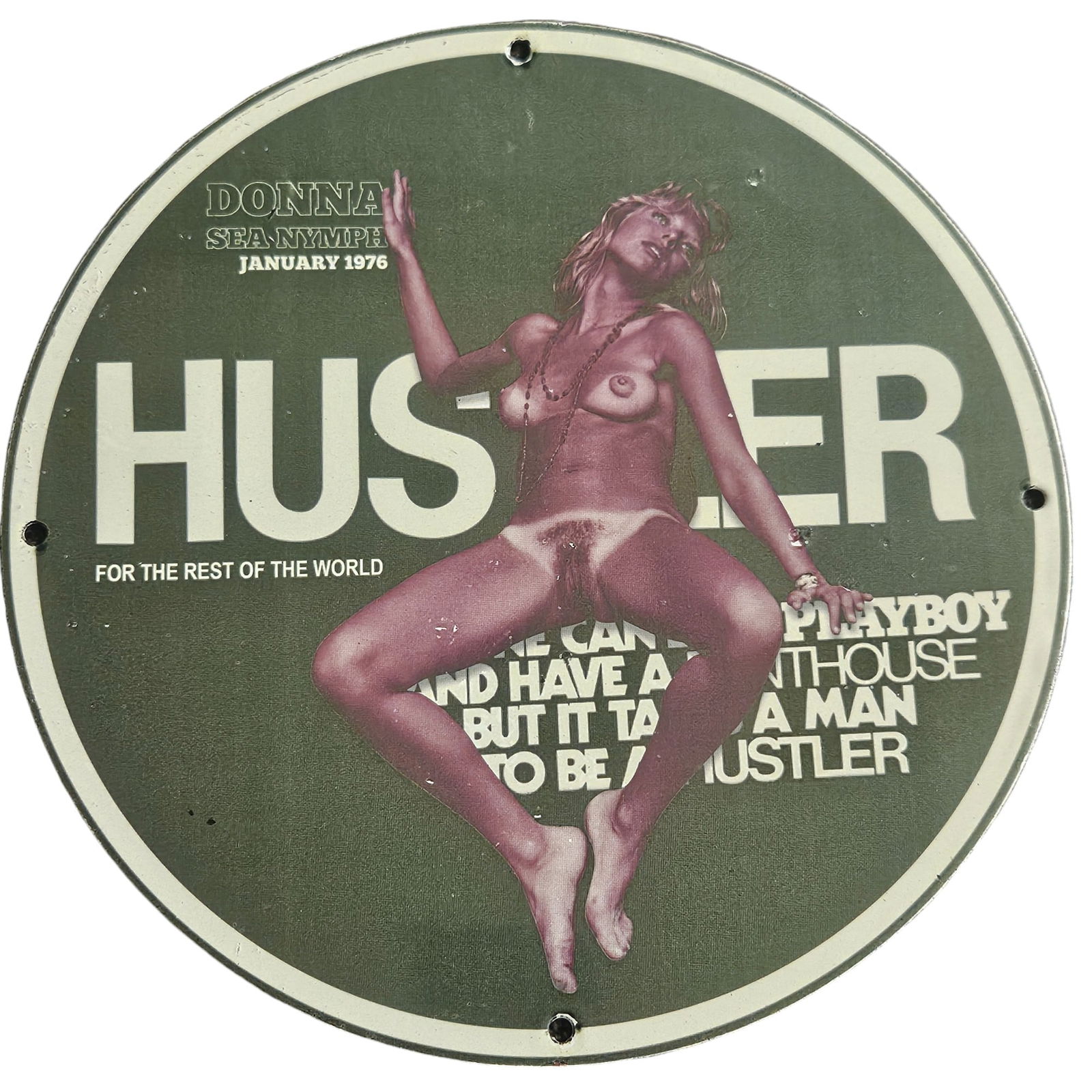 Vintage 1976 Hustler Porcelain Sign - Iconic Artwork for Collectors and Enthusiasts: Discover a rare find with this vintage 1976 Hustler porcelain sign, a significant piece of adult entertainment history that encapsulates the bold and provocative spirit of the era. Measuring approxima