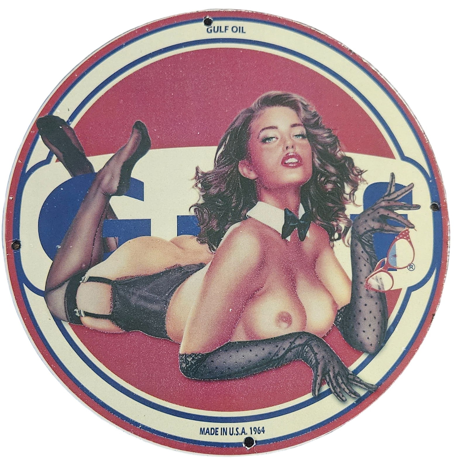 Rare Vintage 1964 Gulf Oil Porcelain Sign featuring Stunning Pin-Up Art (1 of 2)