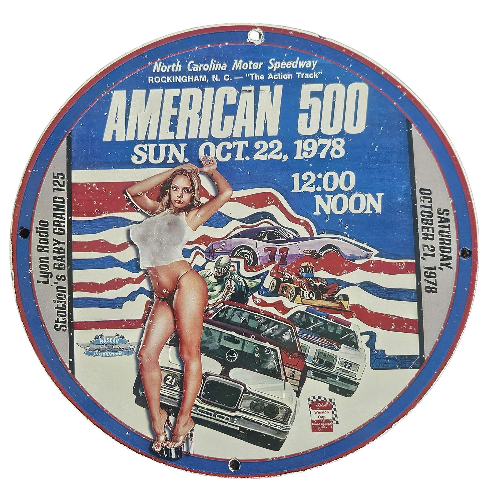 Vintage American 500 Porcelain Sign - Rockingham, NC NASCAR Racing Memorabilia (1978): This captivating porcelain sign commemorates the famous American 500 race held at the North Carolina Motor Speedway, also known as "The Action Track," in Rockingham on October 22, 1978. Measuring appr