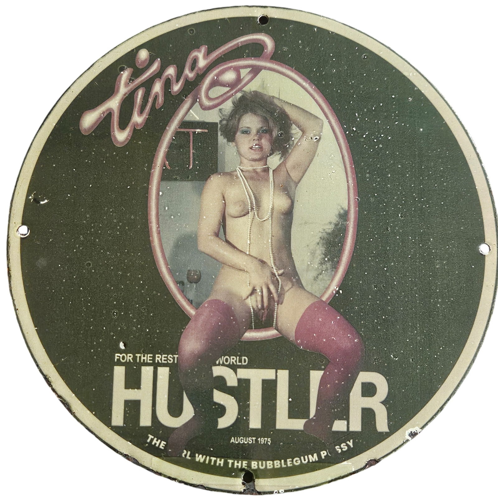 Vintage Tina Hustler Porcelain Sign - Rare 1975 Adult Memorabilia Wall Art: Discover this exceptional vintage porcelain sign featuring Tina from the iconic Hustler magazine, dated August 1975. This collectible piece showcases the artistry and boldness of adult entertainment f