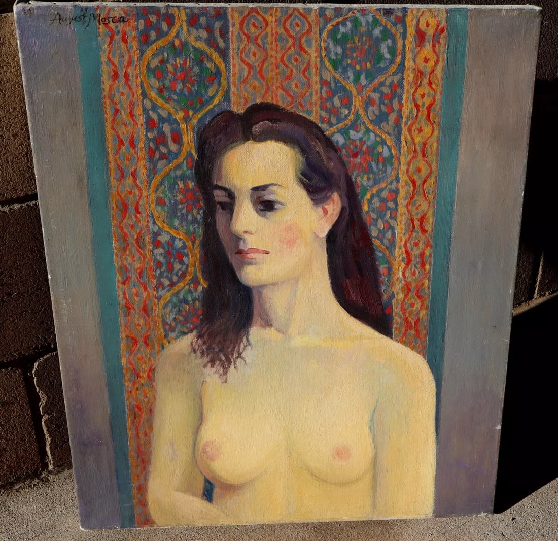 AUGUST MOSCA Woman By a Tapestry oil painting: AUGUST MOSCA (1909-2003 - Different sources give different birth and death dates). Portrait of a Figure Woman by a Tapestry, 24" x 20" oil on canvas, signed upper left: August Mosca. Unframed. August