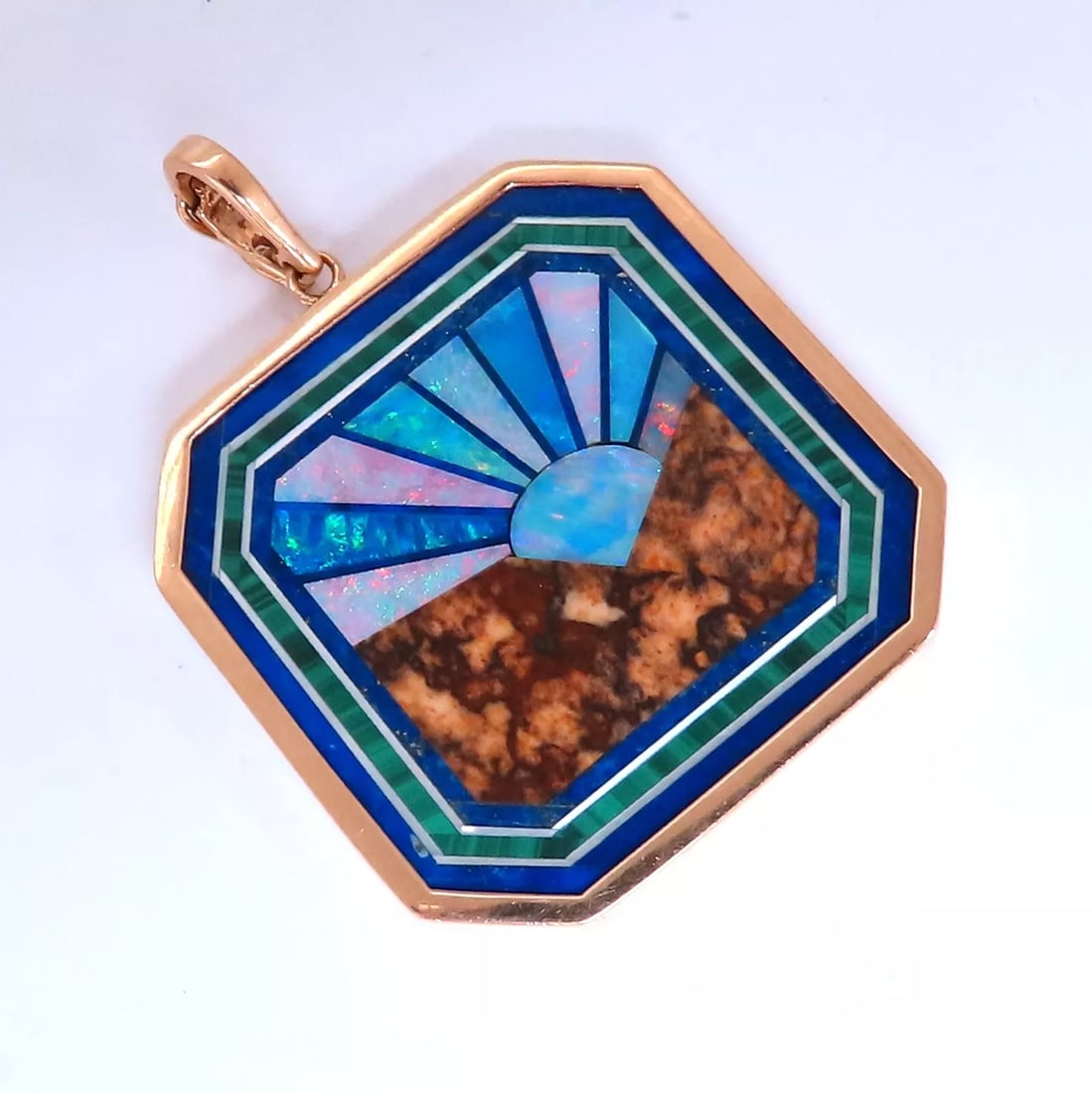 Rising Sun Pietra Dura Inlay Opal Malachite Lapis Pendant 14kt Gold (1 of 6)