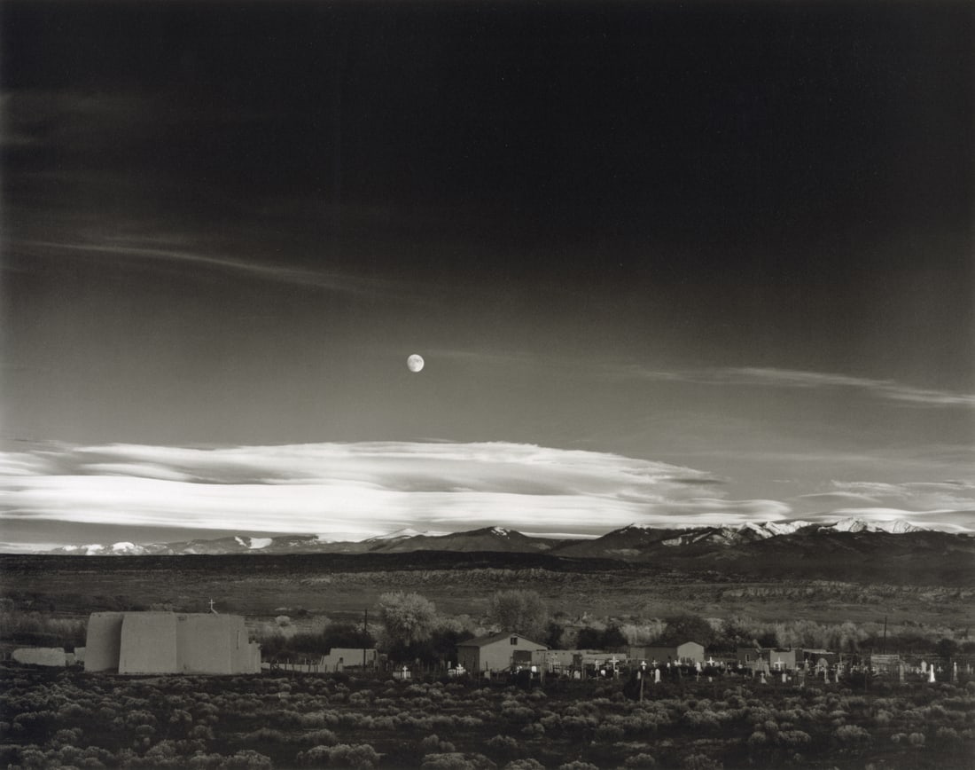 ANSEL ADAMS - Moonrise, Hernandez, New Mexico, 1941: Artist: Ansel Adams Title: Moonrise, Hernandez, New Mexico, 1941 Medium: Photo Litho, 2001, USA Dimensions: 11.35x8.95" Description: Heat Wax Mounted on 12x16" Conservation Board Artist Bio: Ansel Ada
