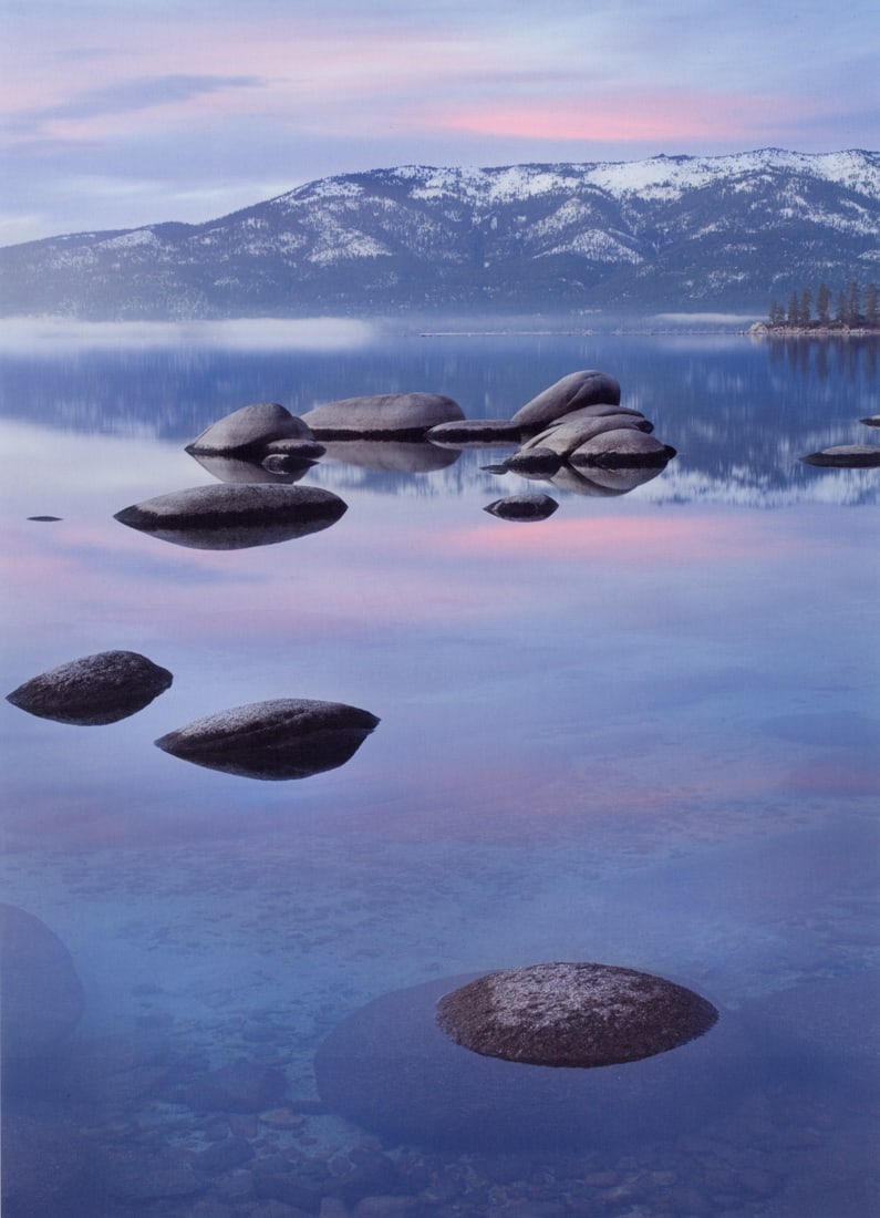 ELIZABETH CARMEL - Winter, Sunset, Lake Tahoe: Artist: Elizabeth Carmel Title: Winter, Sunset, East Shore, Lake Tahoe Medium: Tri-Color Photo Litho, 2006, Korea Dimensions: 7.25x10" Description: Heat Wax Mounted on 11x14" Conservation Board Artist