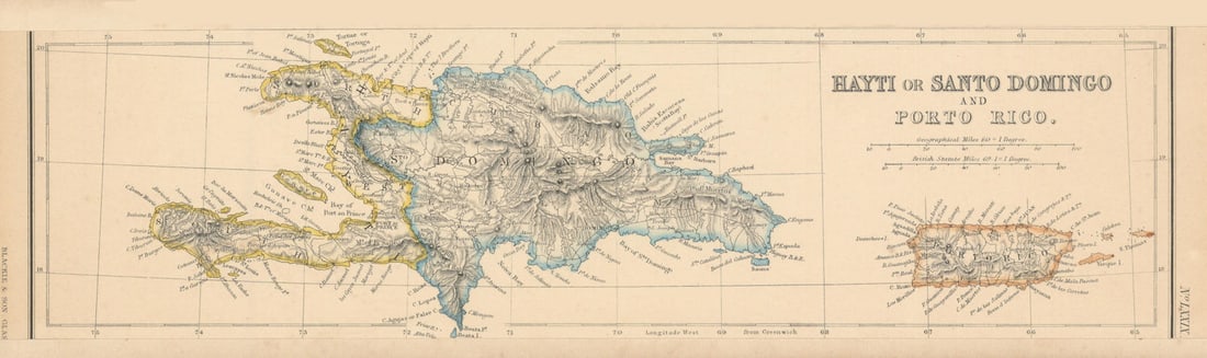 Hayti or Santo Domingo & Porto Rico. Puerto Rico & Haiti. LOWRY 1860 old map: CAPTION PRINTED BELOW PICTURE: 'Hayti or Santo Domingo and Porto Rico'DATE PRINTED: 1860 IMAGE SIZE: Approx 36.5 x 11.0cm, 14.5 x 4.5 inches (Medium); Please note that this is a folding map. TYPE: Ant