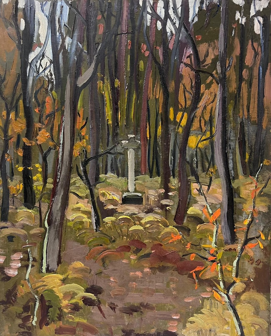 Memorial Stone Cross Woodland Clearing 1940's French Post Impressionist Oil 1940's (1 of 15)