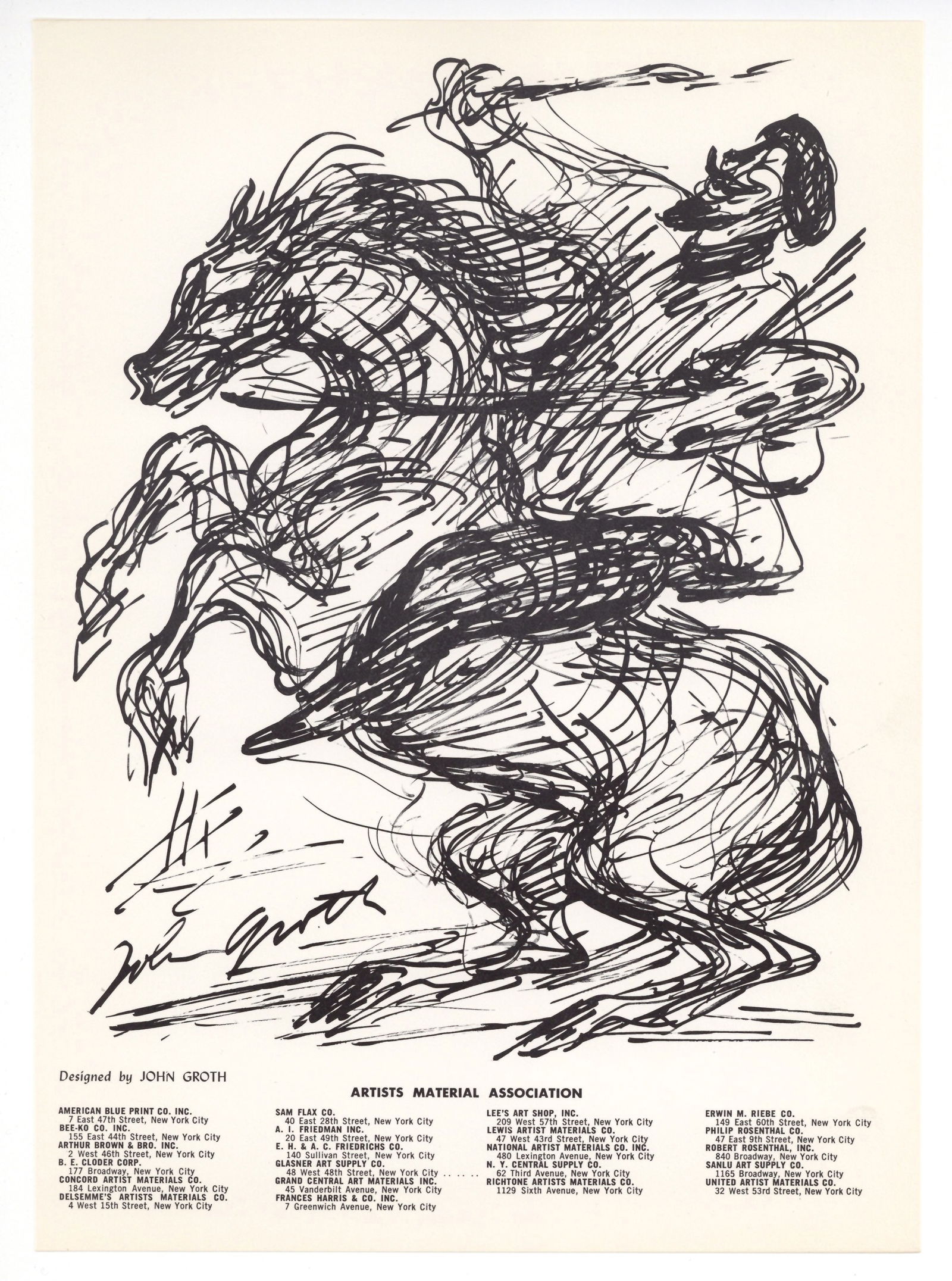 John Groth original lithograph: Medium: original lithograph. This lithograph was printed in 1955 for the "Improvisations" portfolio, and published by the Artists Equity Association of New York in an edition of 2000 on the occasion o