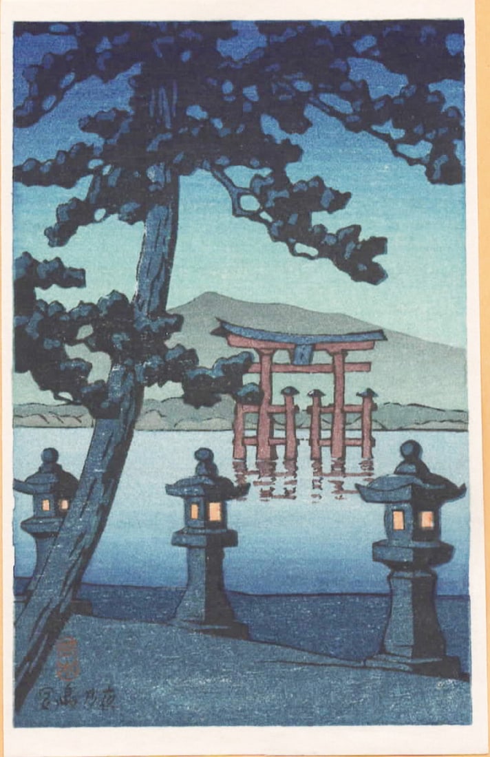 Kawase Hasui (183 - 1957): Miyajima: Artist/Title: Kawase Hasui (183 - 1957): Miyajima Medium: Woodblock Print Size/Format: The print image measures 3 3/8 x 5 1/4 inches plus margins Condition: The print is in excellent, never framed con