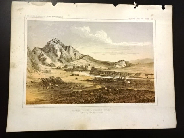 1860 Three Tinted Lithographs American West: Three tinted lithograohs of scenes of the American West including Clark's Fork, Bear's Teeth at Missouri River, and Big Hole Praire. Printed for a government report on railroad from the Pacific to the
