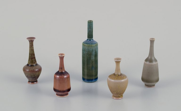 John Andersson for Höganäs, Sweden. A set of five unique miniature ceramic vases in (1 of 9)