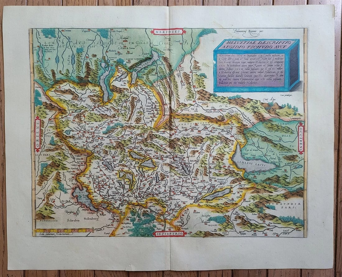 1595 MAP OF SWITZERLAND by Abraham Ortelius antique AUTHENTIC 16th CENTURY: HELVETIAE DESCRIPTIO AEGIDIO TSCHUDO AUCT. Hand colored map of Switzerland by Abraham Ortelius that was first published in 1570 in Antwerp, Belgium as part of his Theatrum Orbis Terrarum, the first mo