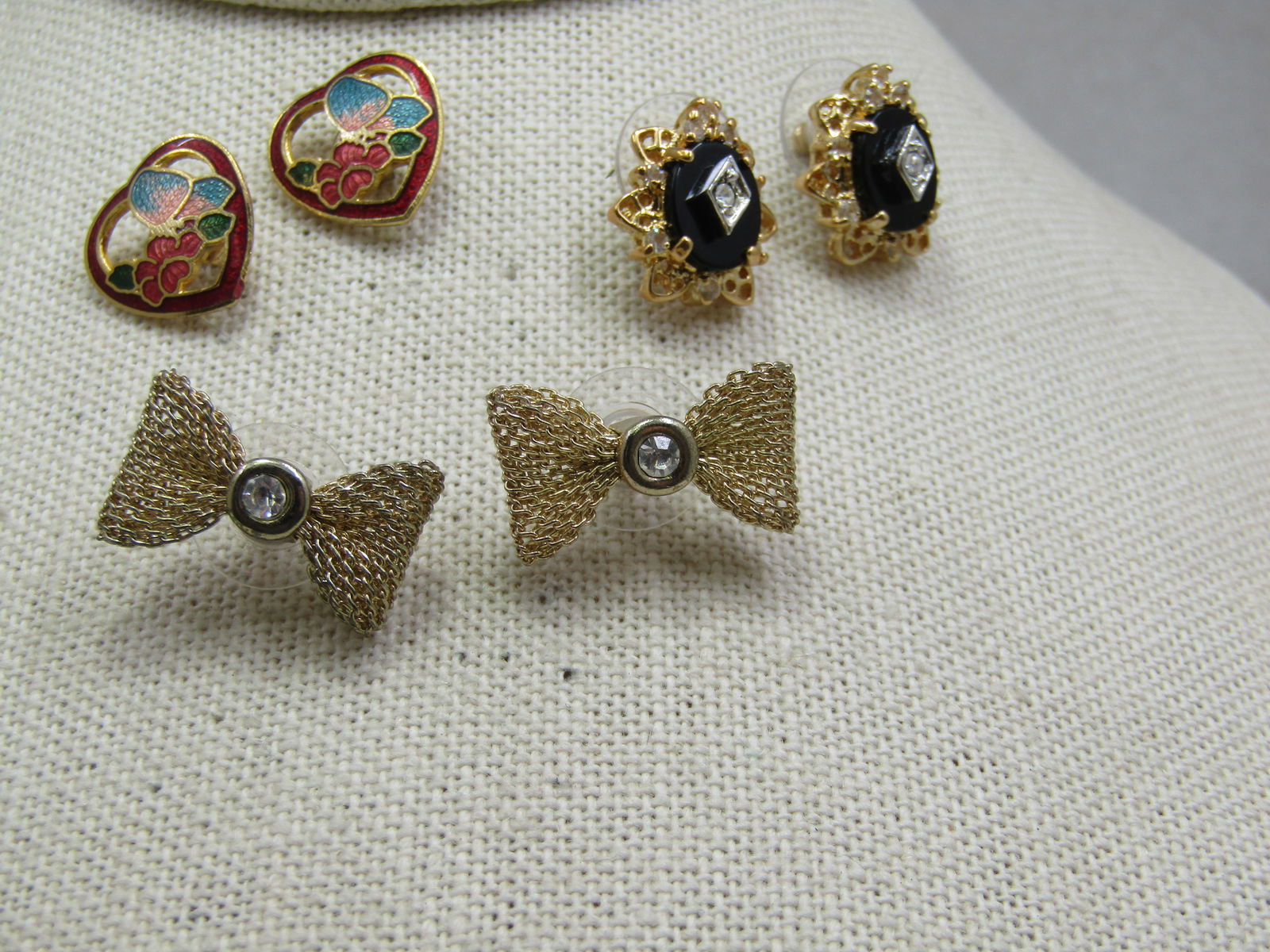 Vintage 3 Pair Earring Lot, Piered Studs, 1960's-1980's, Heart, Bow, Filigree Rhinestone: Vintage 3 Pair Earring Lot, Piered Studs, 1960's-1980's, Heart, Bow, Cameo Style. Cloisonne heart floral earring, red outline cutout center with flowers in the center. Slightly over 1/2" tall and wide