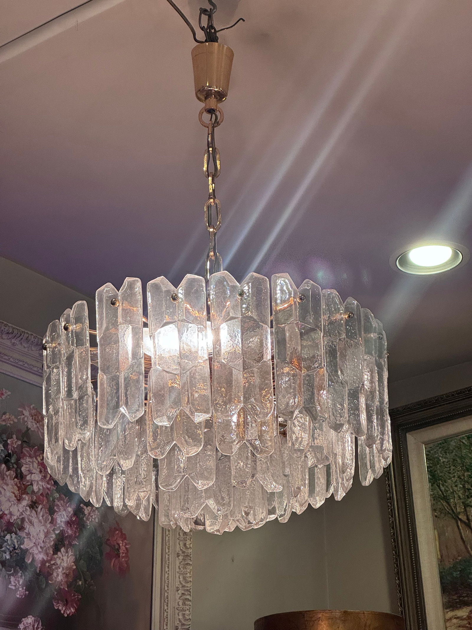 T. Kalmar Palazzo Flush Mount Tiered Crystal Glass Chandelier: Vintage from the 1970s Materials: Glass, metal Width: 20 inches Height: 12 inches Depth: 20 inches " Vintage Mid Century Modern J.T. Kalmar Palazzo Flush Mount Gold Brass Tiered Crystal Glass Lamp Cha