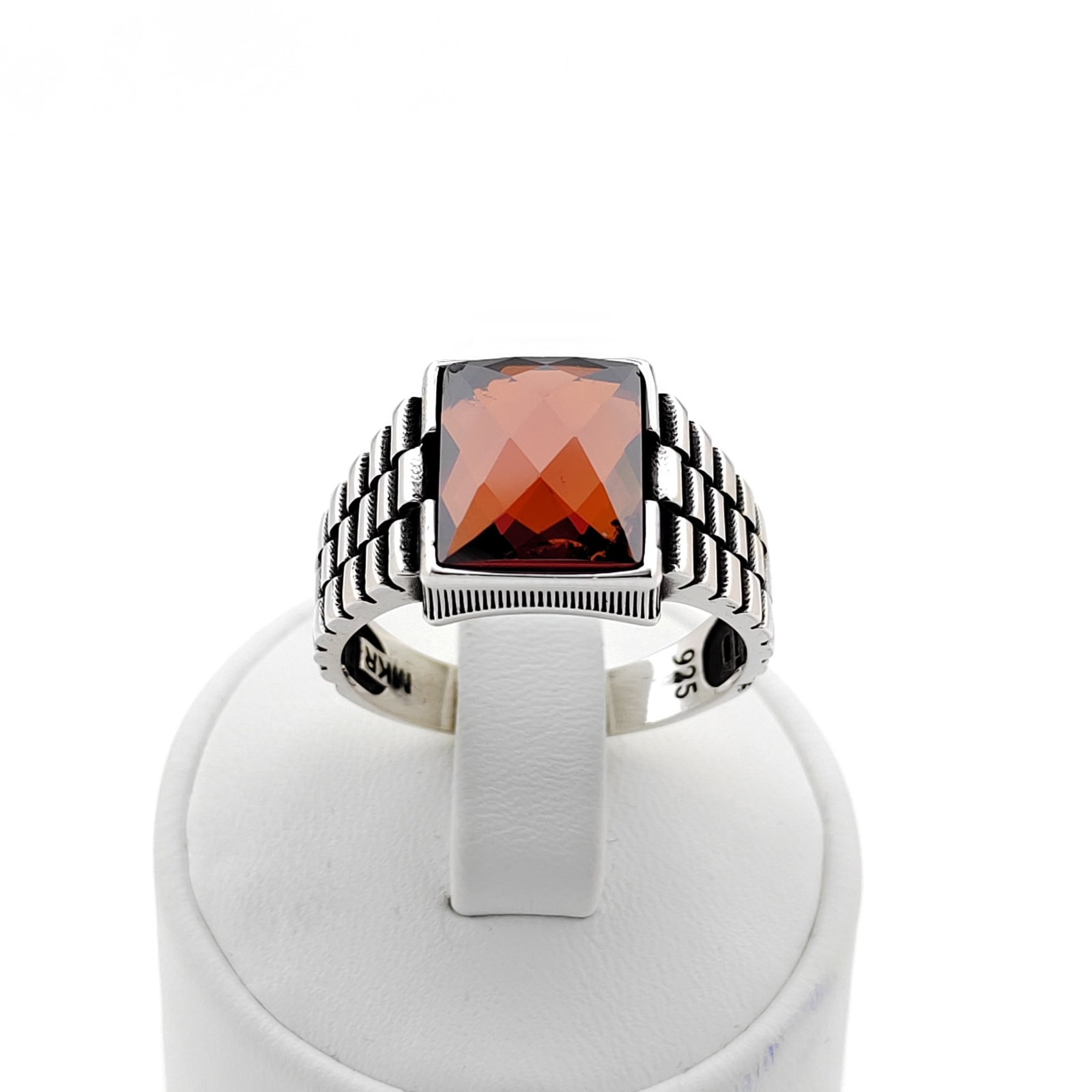 925 Silver Men's Ring with Facet Cut Red Zircon (1 of 8)