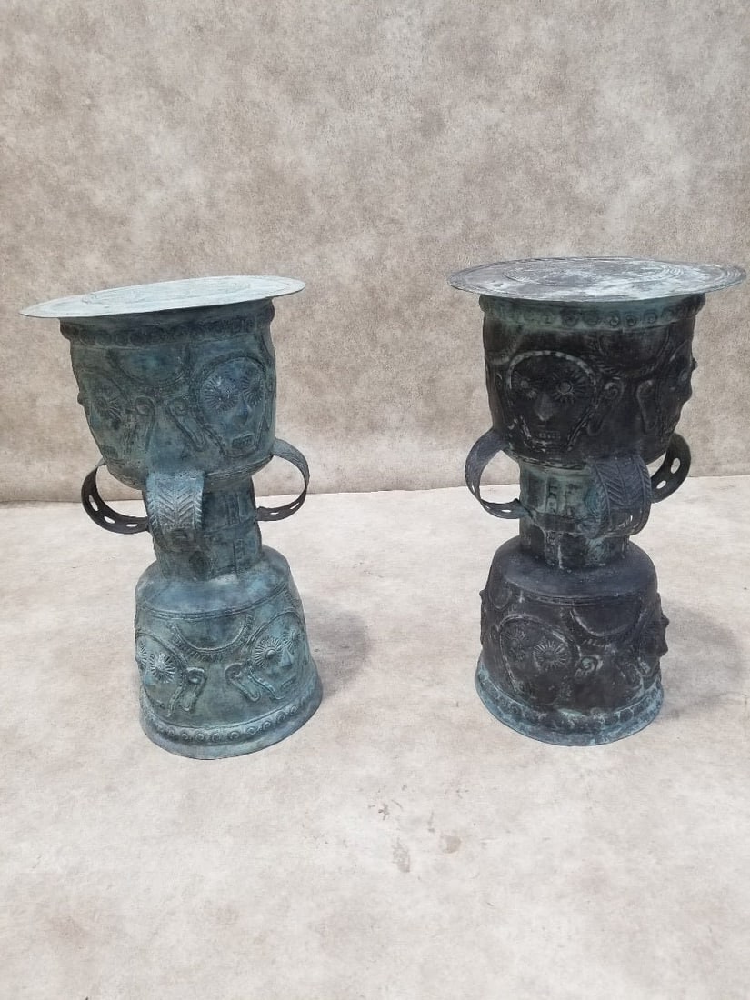 Antique Balinese Hammered Bronze Rain Drum Garden Stool/Plant Stand - Set of 2 (1 of 9)