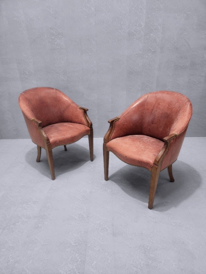Antique English Edwardian Mahogany Tub Chairs in Leather - Pair (1 of 8)