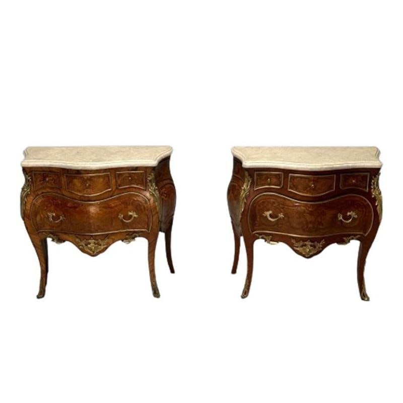 Louis XV, French Bombe Commodes, Marquetry, Marble, France, 1970s: Louis XV, Small French Commodes or Nightstands, Marquetry, Marble, France, 1970s Pair of Bombe Chests or nightstands having bronze mounts with two drawers on inlaid fronts and sides. The pair supporti