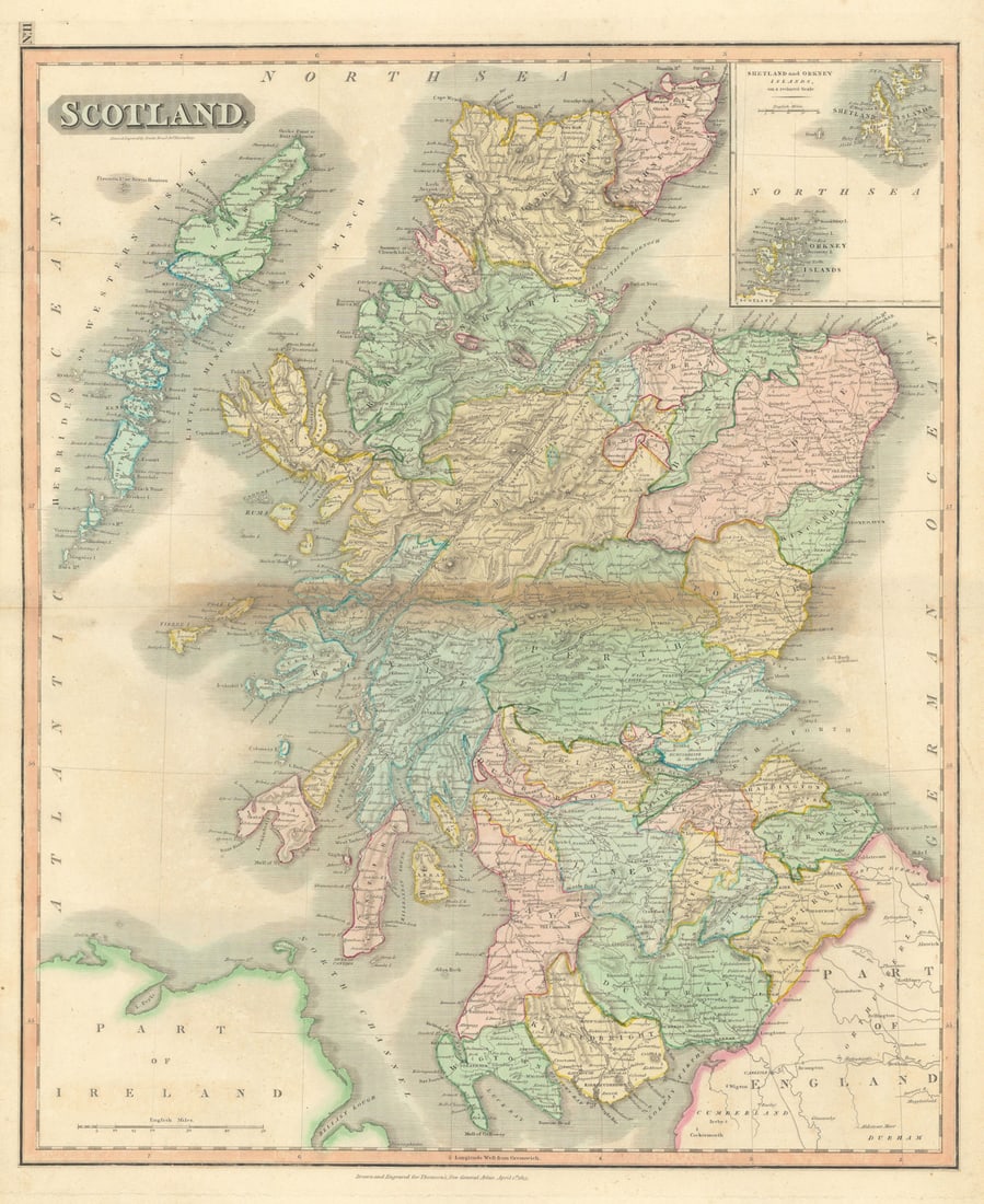 Scotland by John Thomson. Coach roads 1817 old antique map plan chart: CAPTION PRINTED BELOW PICTURE: 'Scotland'DATE PRINTED: Published in 1817. Engraved on 1st April 1815; this date is marked on the map IMAGE SIZE: Approx 64.0 x 52.0cm, 25 x 20.5 inches (Large); Please
