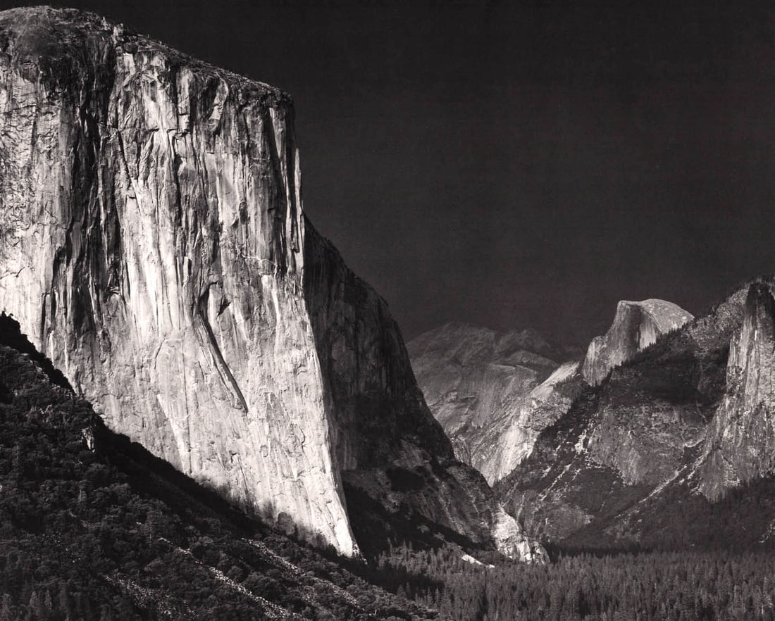 ANSEL ADAMS - El Capitan, Half Dome, clearing thunderstorm, c 1972: Artist: ANSEL ADAMS Print Title: El Capitan, Half Dome, clearing thunderstorm, c 1972 Medium: Photolithograph Printed 1970’s in the US Image Size: approx. 10 x 12” Ansel Easton Adams (1902