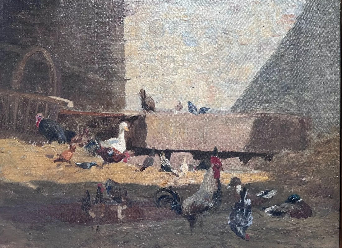 Vintage Oil Original Painting Henri ZUBER (1844-1909) Barnyard Chickens, Rooster (1 of 8)