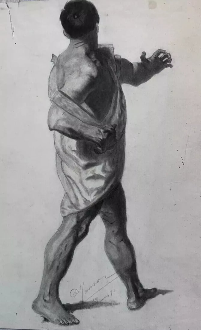 Antique Pencil Original Drawing Man Portrait from the Back (1 of 8)