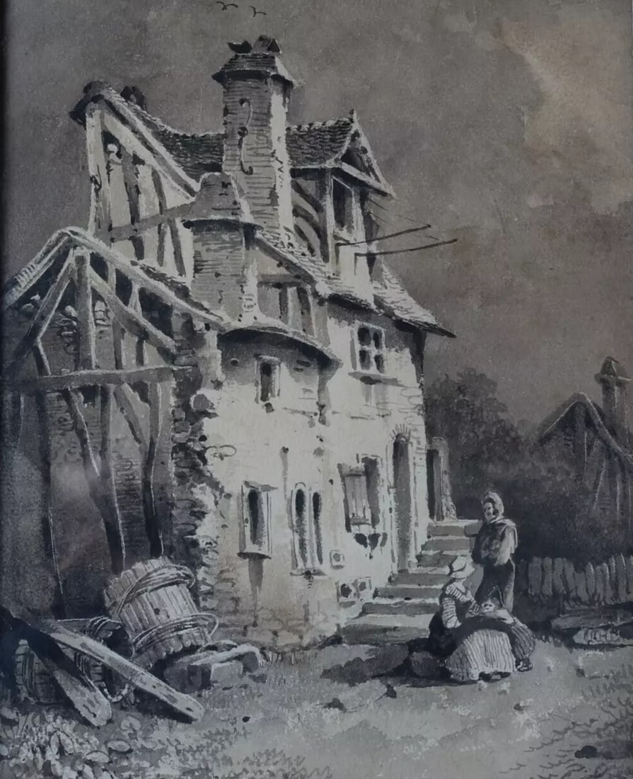 Antique Original Ink Drawing 19th century Landscape, Family in front of a House (1 of 8)